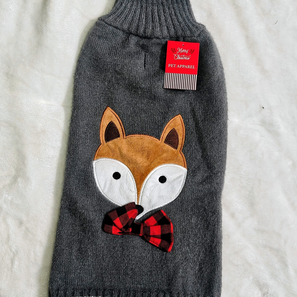 Gray Fox Applique Dog Sweater with Red Buffalo Plaid Bow
